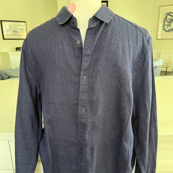 H&M Casual Long Sleeve Button Down Linen Shirt Navy Sz M no fabric tag - Picture 3 of 8